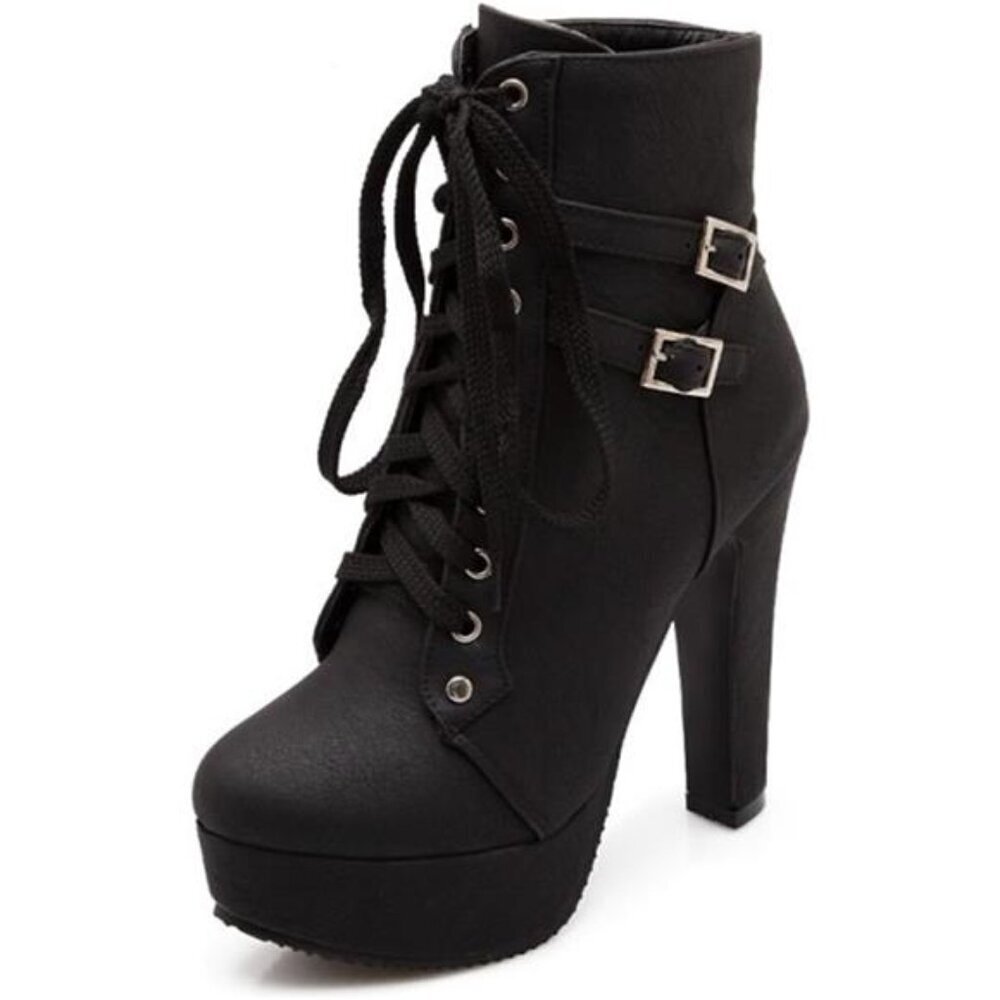 Women's Goth Leather Block Heel Ankle Boots Fashion Studded Ankle